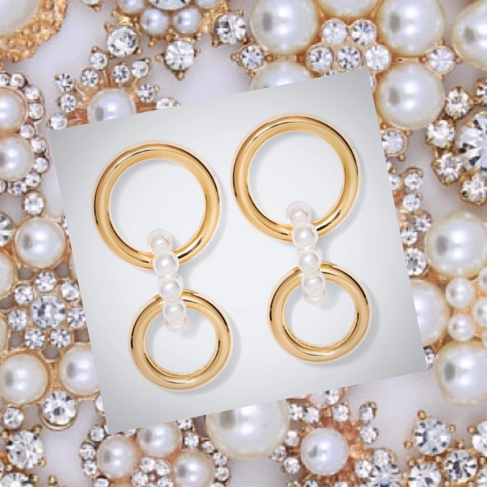 New Gold & Pearl Double Hoop Post Earrings